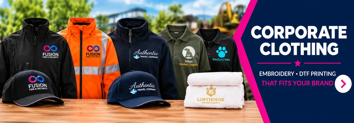 Corporate clothing, embroidery and DTF printing by YAPO
