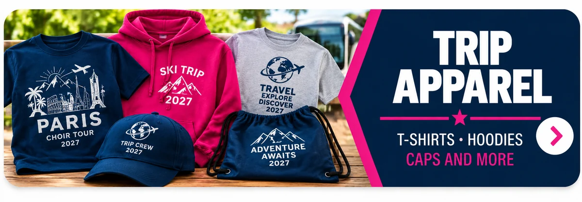 School trip apparel including T-shirts, hoodies and caps from YAPO